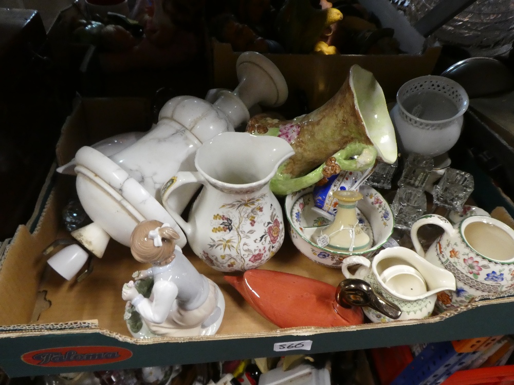 Four boxes of sundry items to include Copeland china, binoculars, jewellery boxes, sewing box,