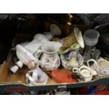 Four boxes of sundry items to include Copeland china, binoculars, jewellery boxes, sewing box,
