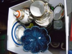 Box of mixed china and glass, Waterford crystal, Bradford Exchange plate, oriental teaware, etc