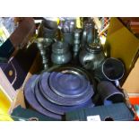 Box of mixed Pewter items including wine sieve, candlesticks, etc