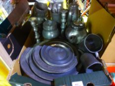 Box of mixed Pewter items including wine sieve, candlesticks, etc