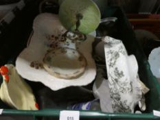 Two boxes of china, pottery, etc, cakestands, Doulton, etc