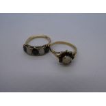 Two Opal and garnet and set dress rings size O, both marked 9ct, gross weight approx 4.8g