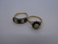 Two Opal and garnet and set dress rings size O, both marked 9ct, gross weight approx 4.8g