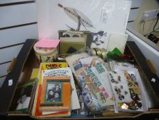 A tray of sundry including modern enamel badges, books, stamps and sundry