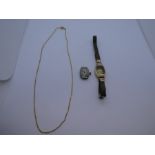 Vintage 9ct yellow gold faced wristwatch, marked 375, strap not gold, and unmarked yellow metal chai