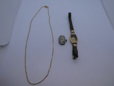 Vintage 9ct yellow gold faced wristwatch, marked 375, strap not gold, and unmarked yellow metal chai