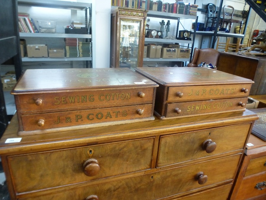 Of advertising interest; a near pair of antique mahogany two drawer chests for J and P Coats sewing