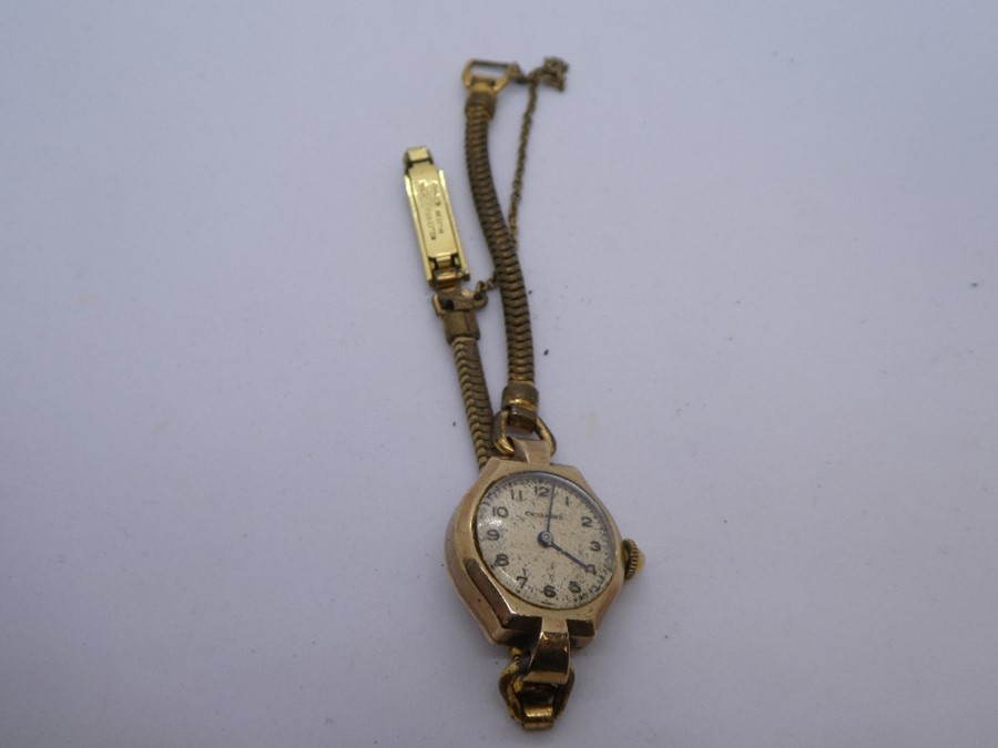 Vintage 9ct yellow gold cased 'Crusader' wristwatch, marks worn, on rolled gold strap, AF