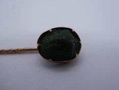 Antique stick pin set with a real Scarab beetle, mounted in possibly 14ct gold mount in antique Lloy