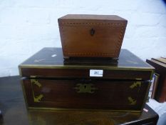 A Victorian rosewood desk slope, with brass bound and inlaid decoration, and an antique mahogany tea