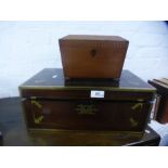 A Victorian rosewood desk slope, with brass bound and inlaid decoration, and an antique mahogany tea