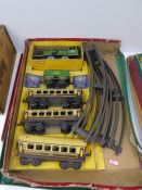 A vintage tin plate train set in its original box