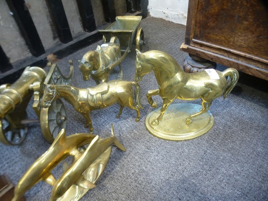 A brass cannon, a brass cart and two horses and two other brass items - Image 2 of 2