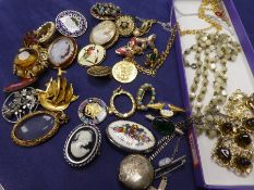Tray of costume jewellery to include, silver circular locket, silver gilt millefiori brooch, white a