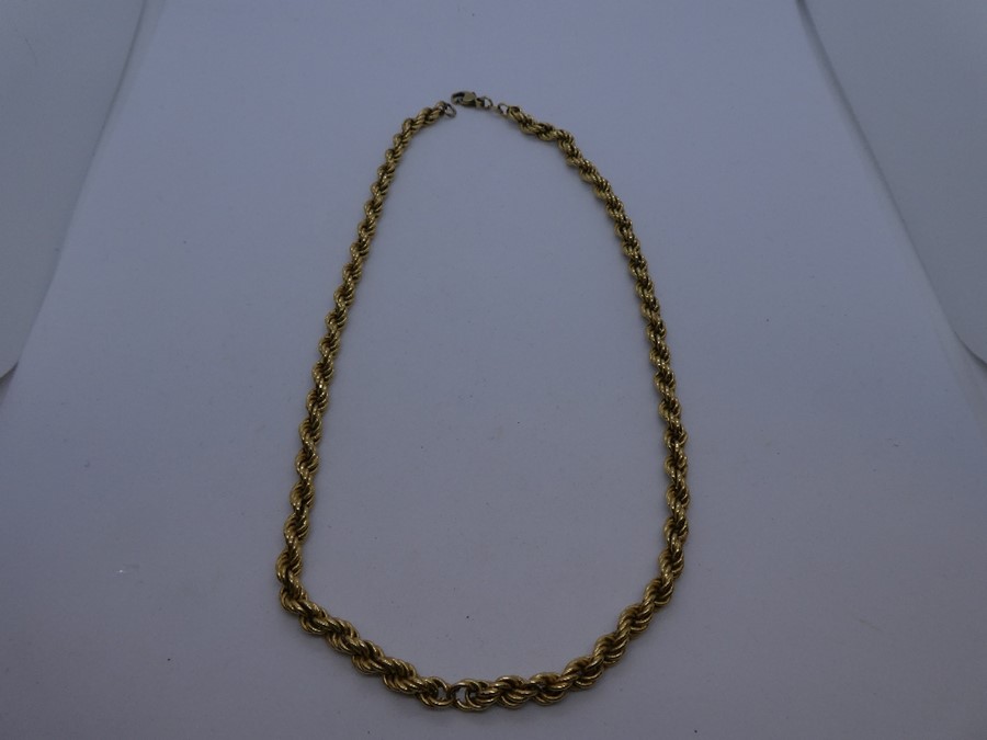 9ct yellow gold rope twist necklace, 40 cm, marks worn, weight approx 11.7g, clasp not perfect