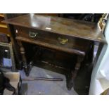 Antique oak side table having one drawer on turned logs, 80.5cm