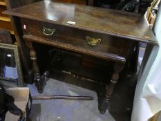 Antique oak side table having one drawer on turned logs, 80.5cm