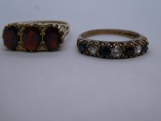 9ct yellow gold faceted garnet set dress ring, marked 375, and another 9ct Sapphire set example mark