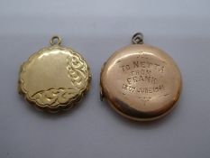 Two circular 9ct yellow gold lockets, one rose gold, weight approx 7.1g