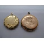 Two circular 9ct yellow gold lockets, one rose gold, weight approx 7.1g