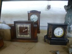 Four various mantel clocks, stamps and a box of sundry