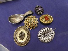 Small collection of brooches and silver scalloped spoon
