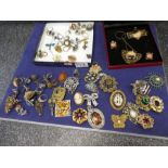 Box costume jewellery including Scottish white metal brooch, silver hardstone rings, enamelled silve