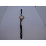 Vintage ladies yellow gold wristwatch with pearlescent dial on black leather strap - cannot open bac