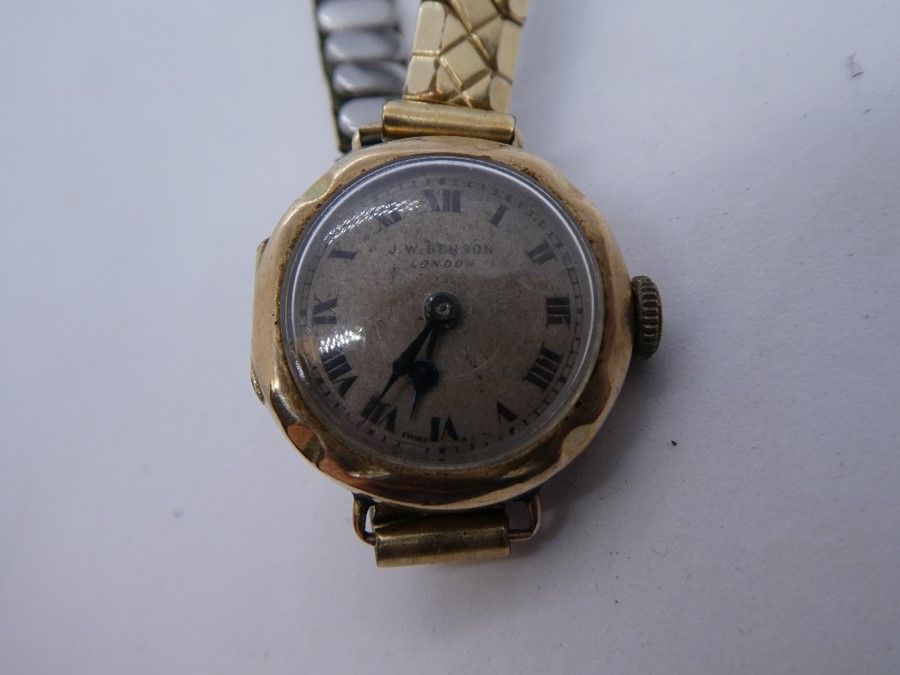 Vintage 9ct gold cased ladies wristwatch 'J W Benson' case marked 375, on rolled gold strap - Image 2 of 3