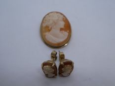 9ct Oval cameo brooch and a pair of 9ct Cameo earrings, marked 9ct