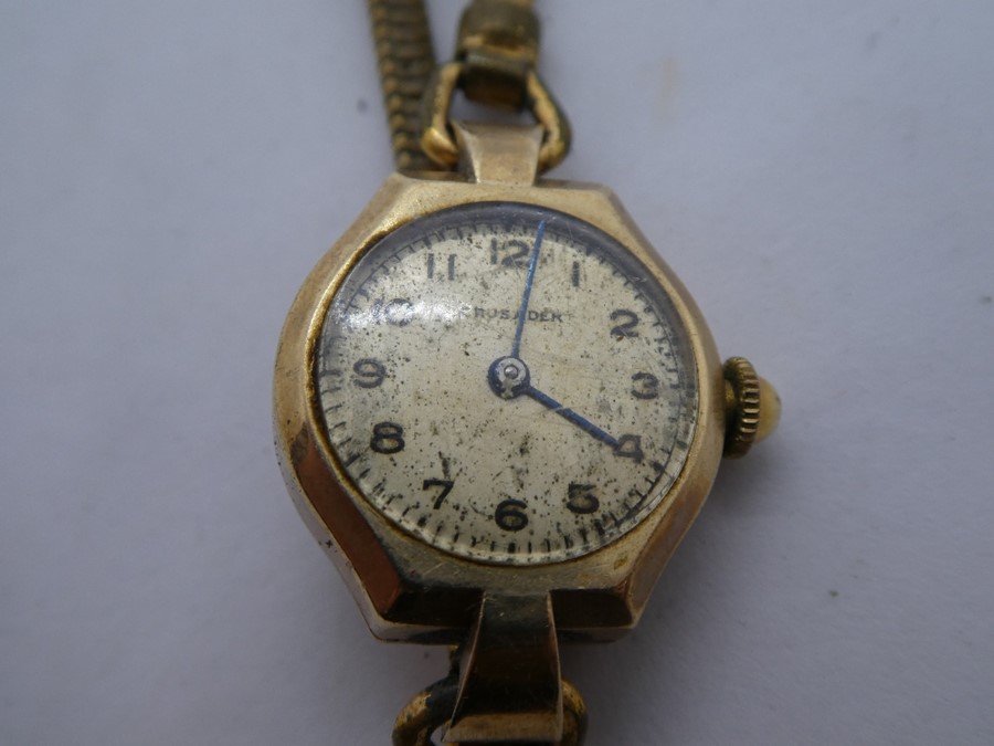 Vintage 9ct yellow gold cased 'Crusader' wristwatch, marks worn, on rolled gold strap, AF - Image 2 of 3