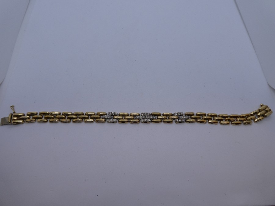 9ct yellow gold flat link bracelet some links set clear stones, marked 9K, 375, approx 20 cm, weight