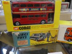 A Dinky Routemaster bus, a similar Corgi example and a Corgi BMC mini police van - 3