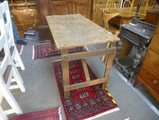 Two similar wooden trestle tables, the underneath stamped G R V I, one dated 1944, length 136cms