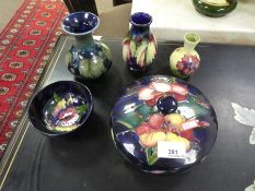 Moorcroft, three small vases a small bowl and a lidded dish (lid glued) - 5