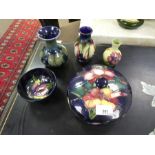 Moorcroft, three small vases a small bowl and a lidded dish (lid glued) - 5