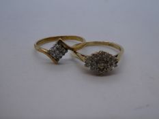 Two 9ct yellow gold cluster rings, one being diamond chips, gross weight approx 3.9g, size P/Q