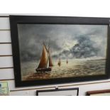 An oil on board of three boats in seascape, signed Cyril Osborne 75 x 44.5 cms
