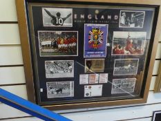 Framed and glazed celebration of England's 1966 World Cup win, includes images, First Day Cover, etc