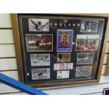 Framed and glazed celebration of England's 1966 World Cup win, includes images, First Day Cover, etc