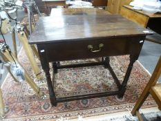 A Jacobean oak side table having one long drawer on turned legs, 89 cms