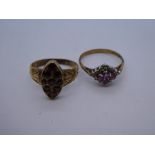 Two 9ct yellow gold dress rings, one set with garnets and the other rubies, both marked 375, size Q/