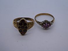 Two 9ct yellow gold dress rings, one set with garnets and the other rubies, both marked 375, size Q/