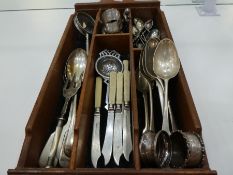 Possibly white metal Apostle spoons, silver spoons and napkin rings with other plated and white meta