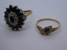 Sapphire and diamond cluster ring on 9ct yellow gold band and 9ct Sapphire and clear stone crossover