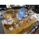 Selection of oriental china to include urns and blue and white plate, etc, some with marking