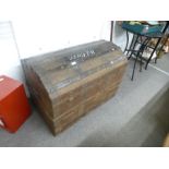 An antique dome topped trunk, wooden bound with leather effect covering, 91cms