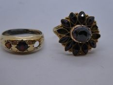 Two 9ct yellow gold dress rings, set with garnet/rubies, AF, stones missing, marked 375, gross weigh