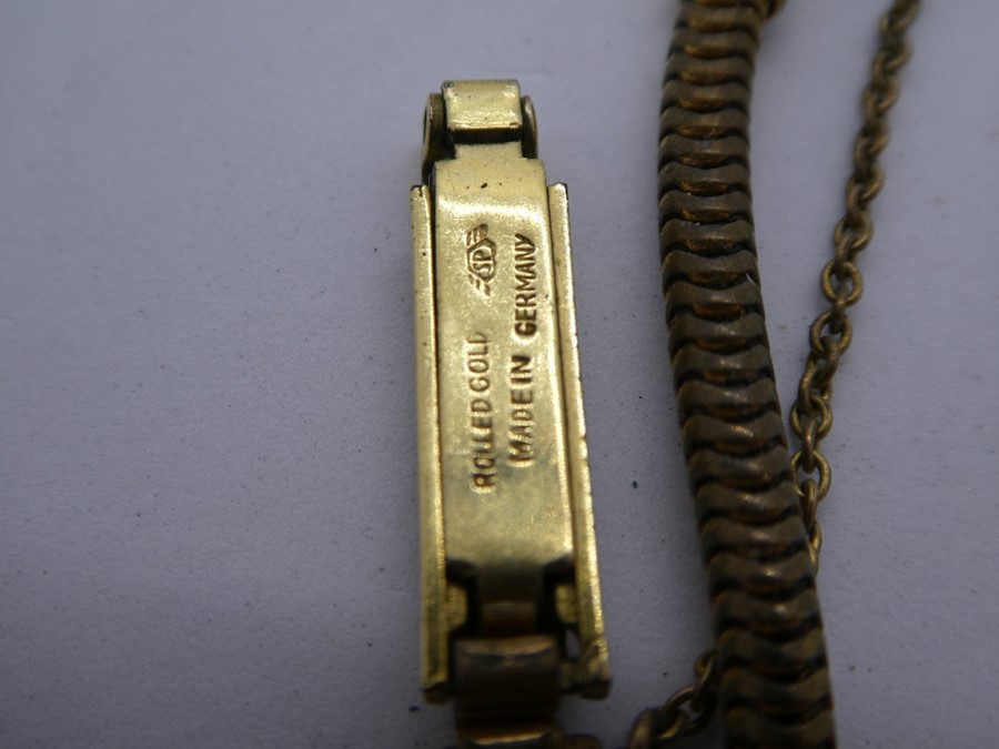 Vintage 9ct yellow gold cased 'Crusader' wristwatch, marks worn, on rolled gold strap, AF - Image 3 of 3